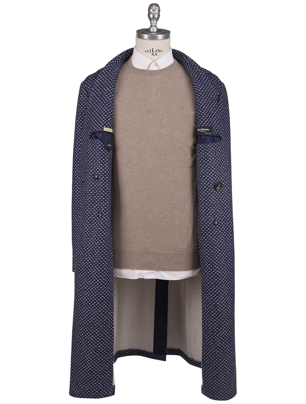 Kiton Blue White Cashmere Double Breasted Overcoat