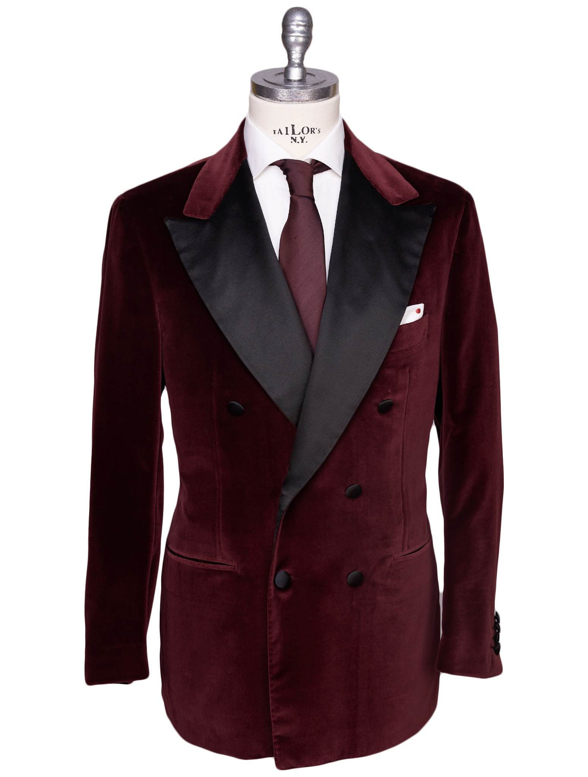 Kiton Burgundy Cotton Double Breasted Smoking Blazer