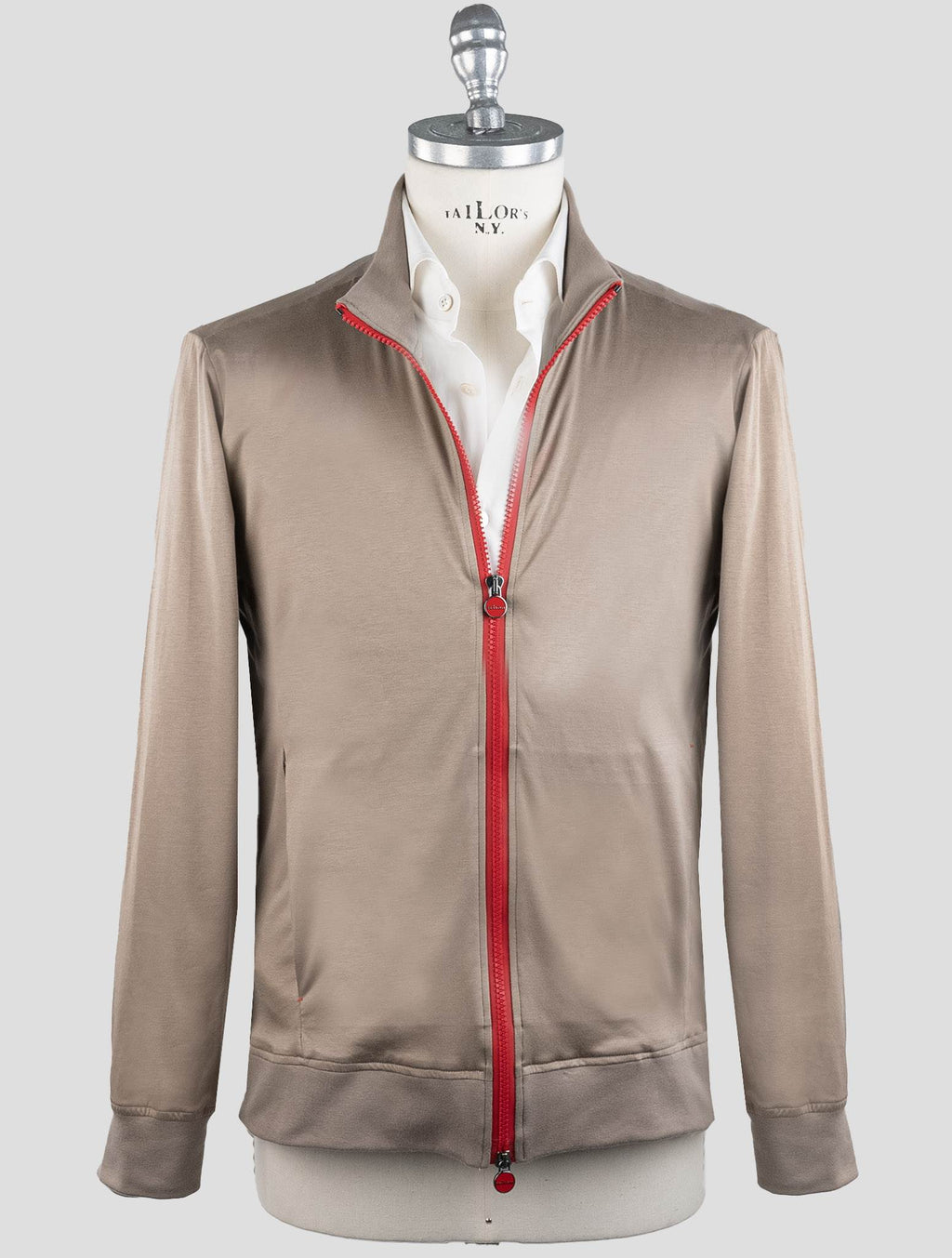 Kiton Light Brown Cotton Coat RED_STITCH