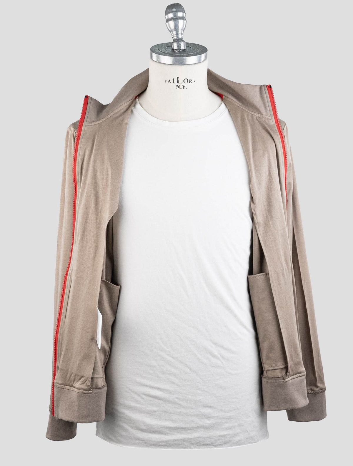 Kiton Light Brown Cotton Coat RED_STITCH