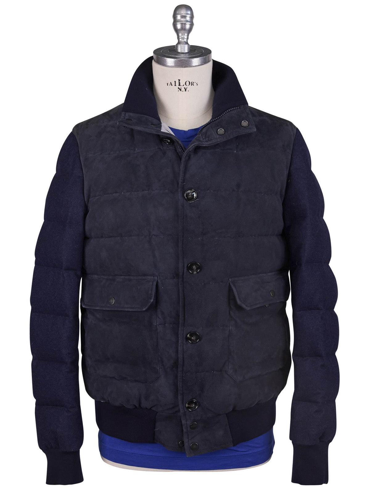 Kiton Blue Leather Suede Wool Coat
