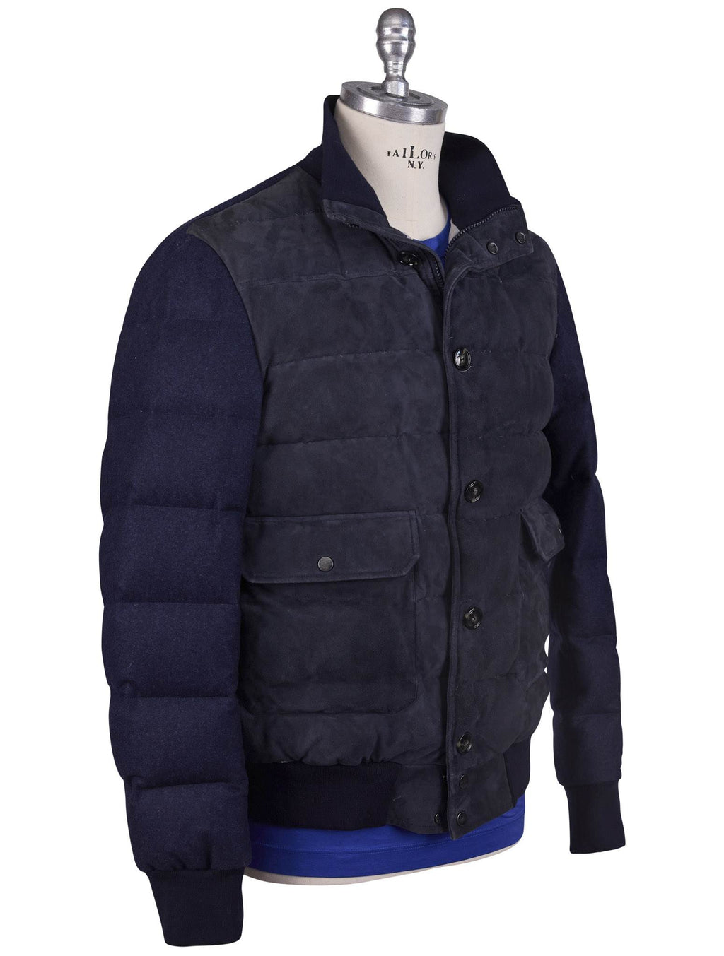 Kiton Kiton Blue Leather Suede Wool Coat Blue 001