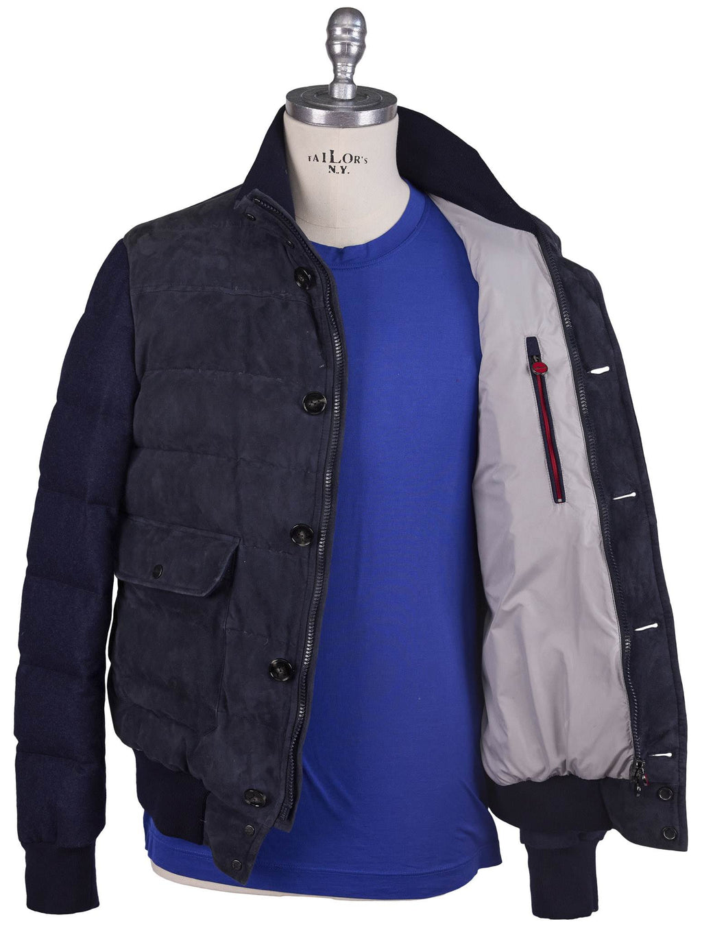 Kiton Blue Leather Suede Wool Coat