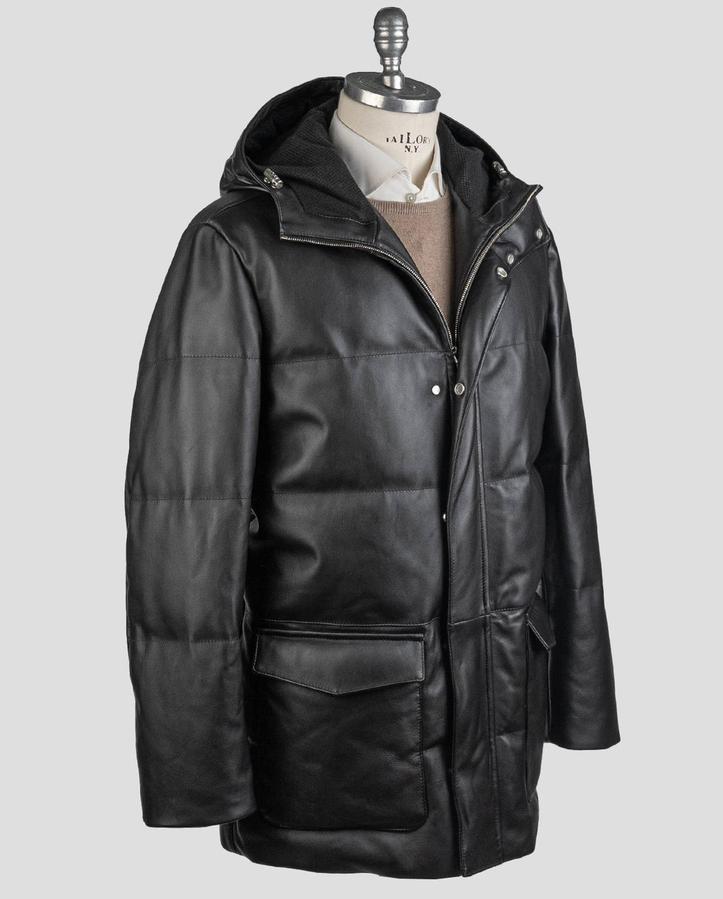 Kiton Kiton Black Leather Vicuna Perù Coat Black 001