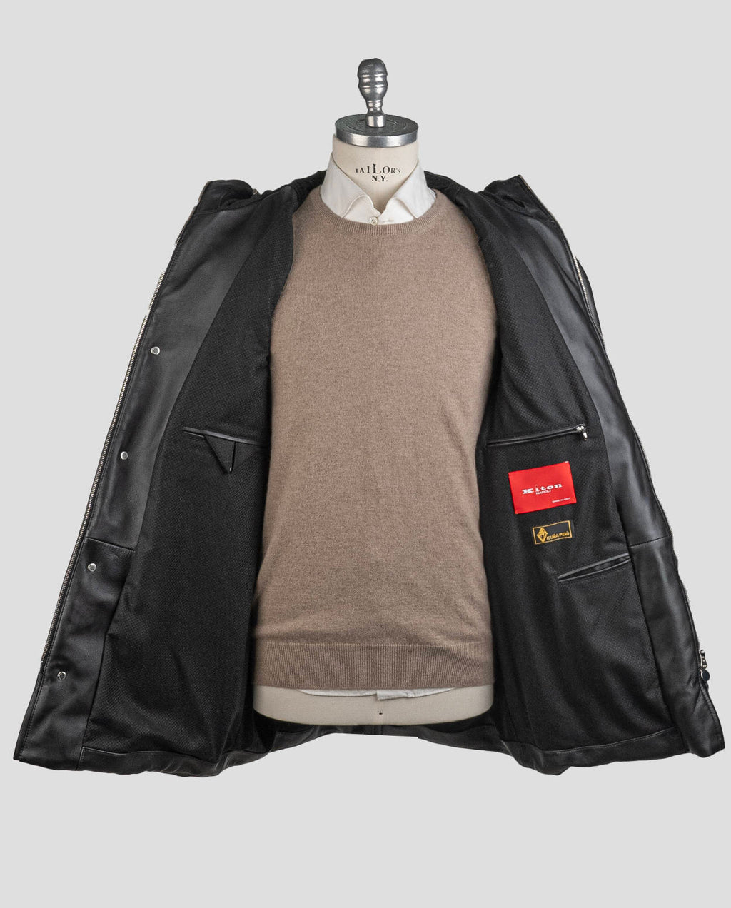 Kiton Black Leather Vicuna Perù Coat