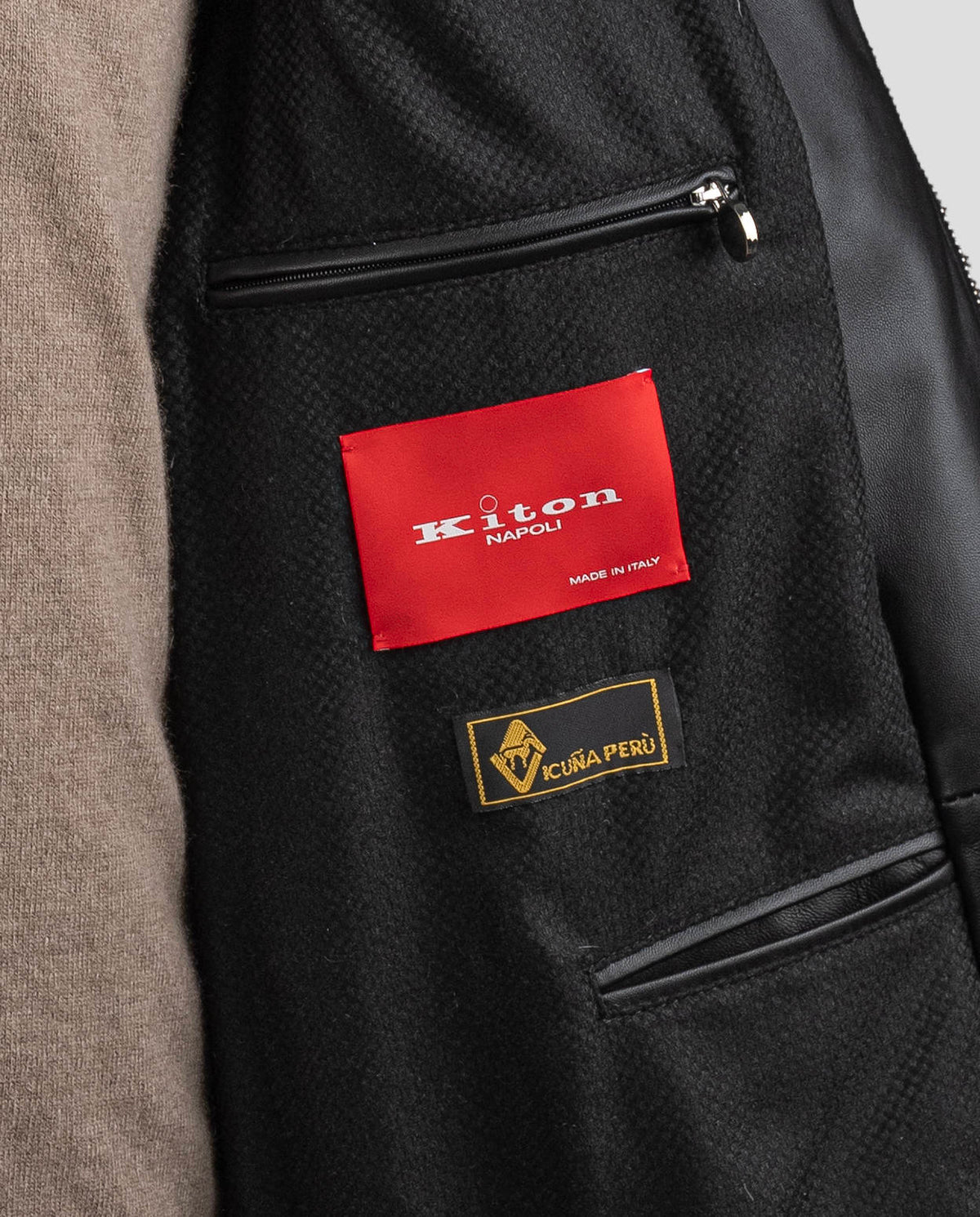 Kiton Black Leather Vicuna Perù Coat